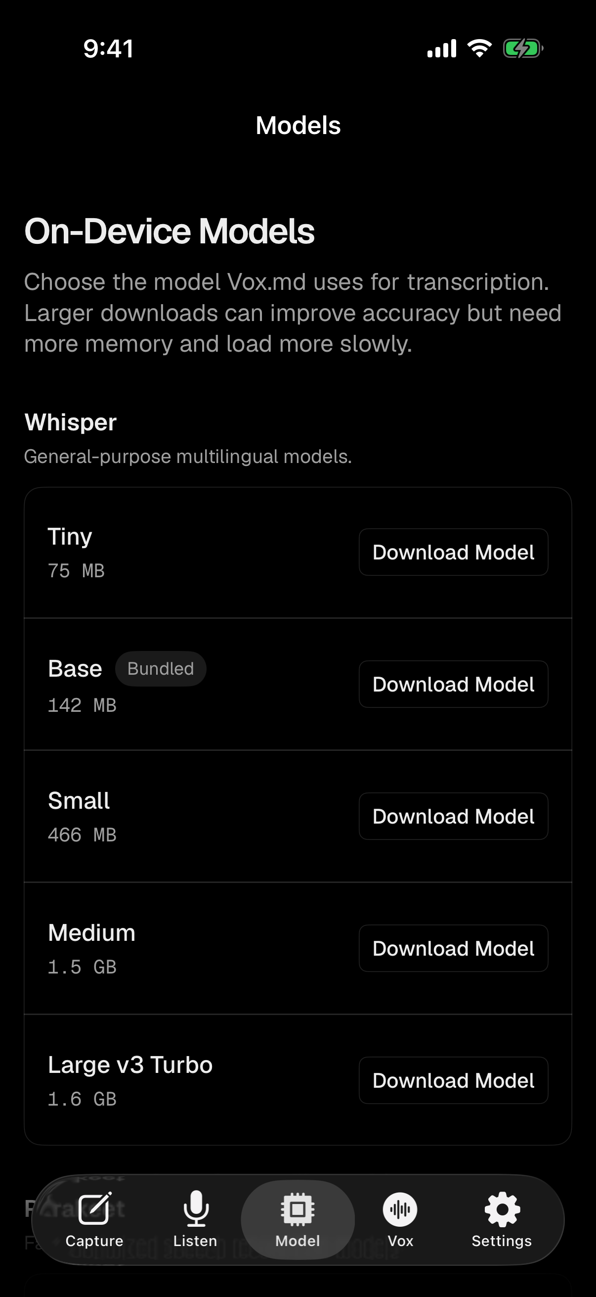 Vox.md local Whisper and Parakeet model picker